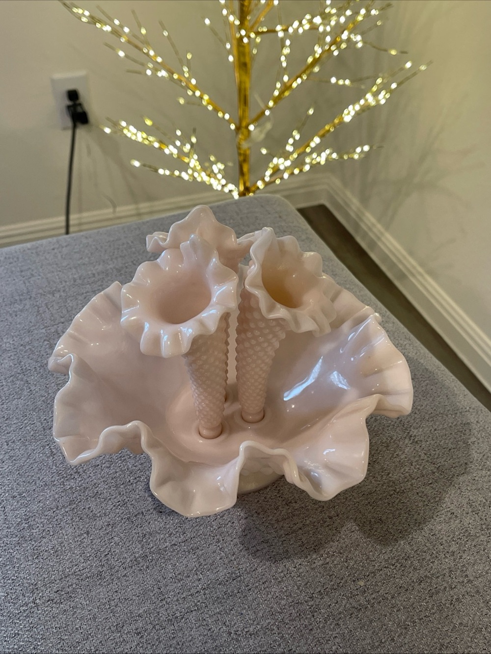 Fenton Hobnail Triple Epergne Vase in Pink Milk Glass - Picture 2 of 10